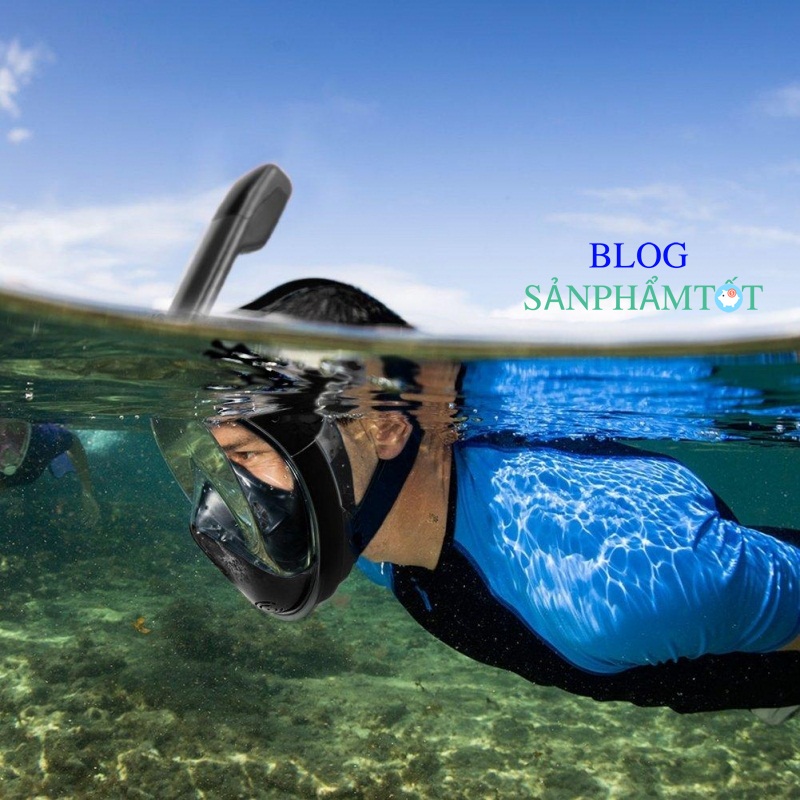 Kính lặn biển Full Face, mắt kính cường lực View 180 có ống thở, gắn được camera hành trình